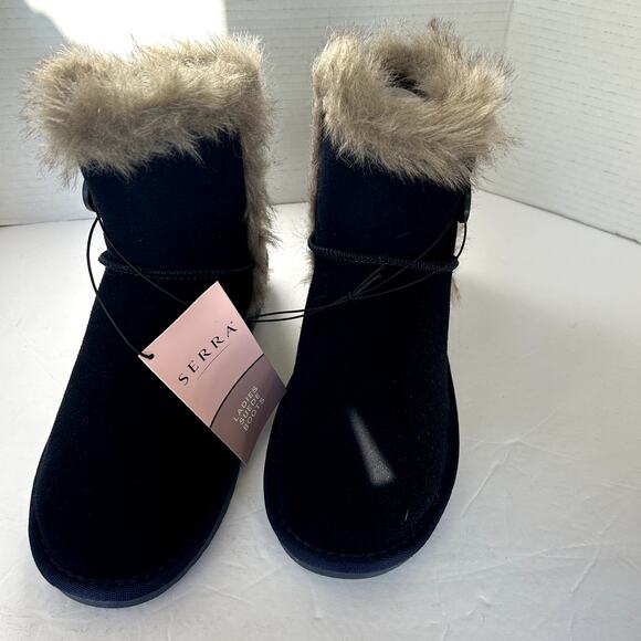 Serra Suede Leather Ankle Boots Size 7 NWT Navy Faux Fur Lining Button Comfort - Picture 4 of 14